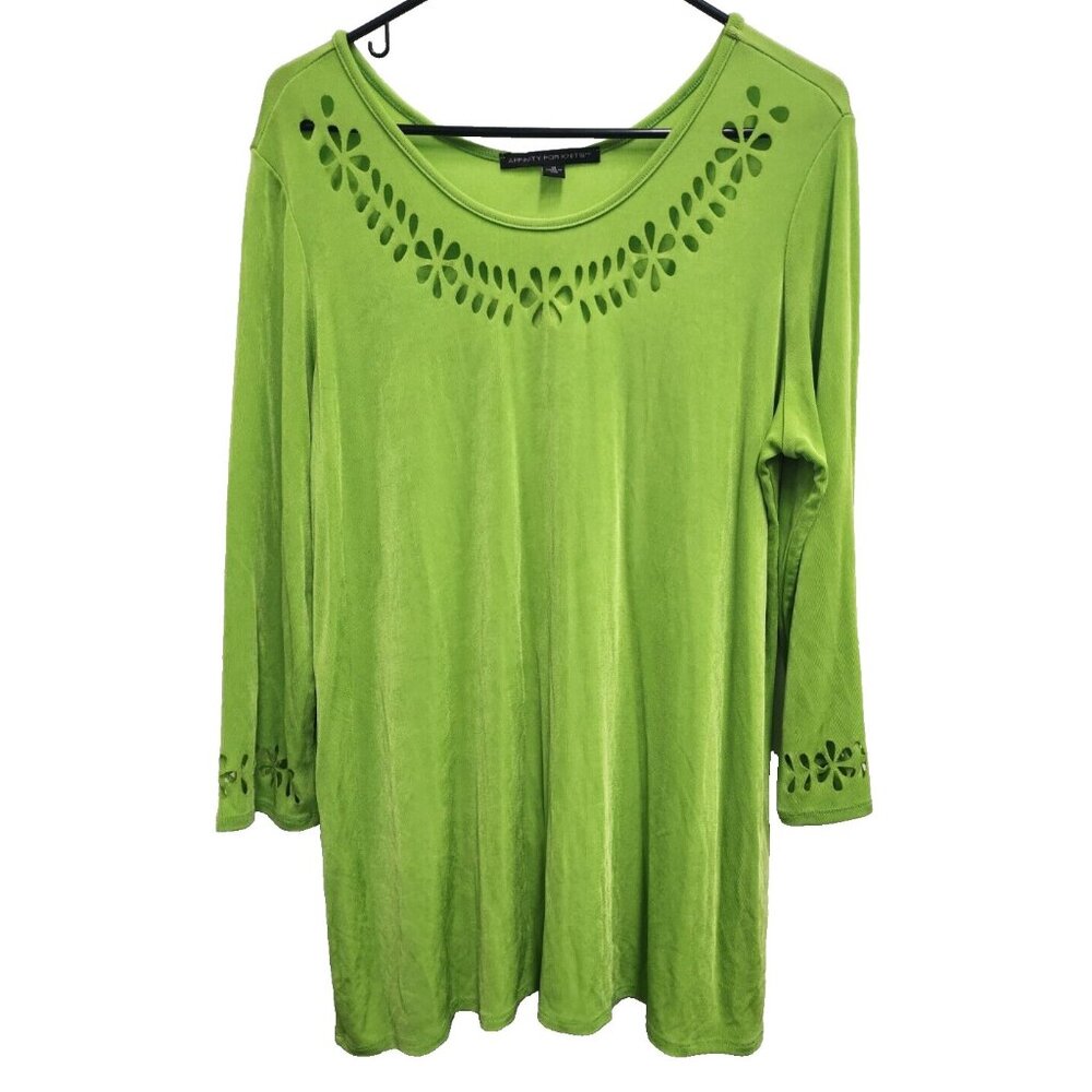 Affinity‎ For Knits Womens Wearable Art Tunic Top Size 1X Green Laser Cut Slinky